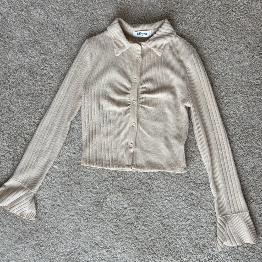 Beige Ribbed Button-Up Cardigan